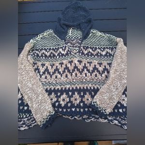 Free People Hooded Sweater, Size Large, Hi-Low Hem, Blue & Tan Pattern, Silk